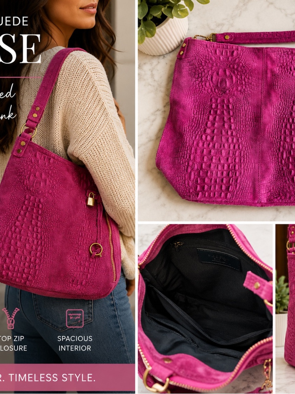 Fuchsia Croc-Embossed Suede Hobo Bag - Women